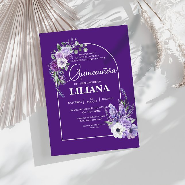 Convite Quinceañera, Lavanda de Arco Floral Roxo Elegante (Criador carregado)
