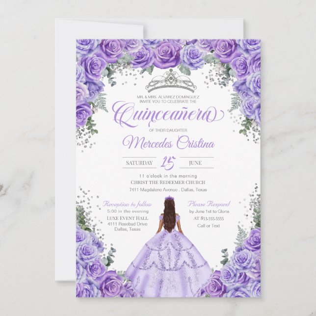Convite Quinceanera Lavanda de Prata Roxo-Claro (Frente)