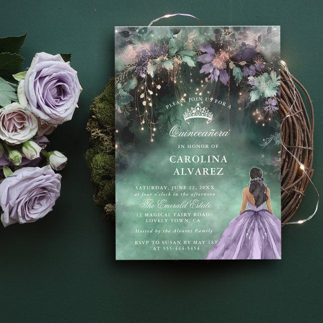 Convite Quinceanera, Lavanda Dourada do Arco Florestal Enc (quince invitation quinceanera emerald green lavender enchanted forest magical fairy tale elegant )
