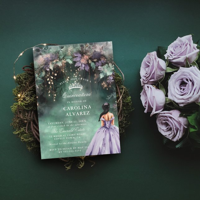 Convite Quinceanera, Lavanda Dourada Faux Encantada (quince invitation quinceanera emerald green lavender enchanted forest magical fairy tale)