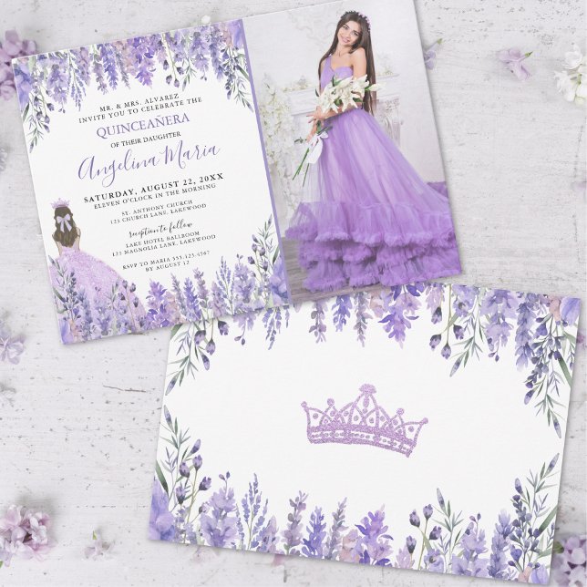 Convite Quinceañera lavanda Foto Purple Floral (Lavender Photo Purple Floral Quinceañera Invitation)