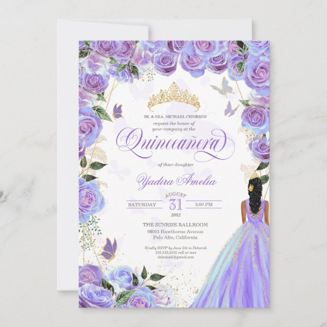 Convite Quinceanera Lavanda Púrpura Borboleta Elegante  (Frente)