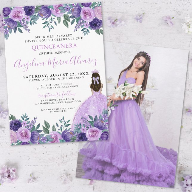 Convite Quinceanera Lavanda Púrpura Foto Floral (Quinceanera Lavender Purple Photo Floral Invitation)