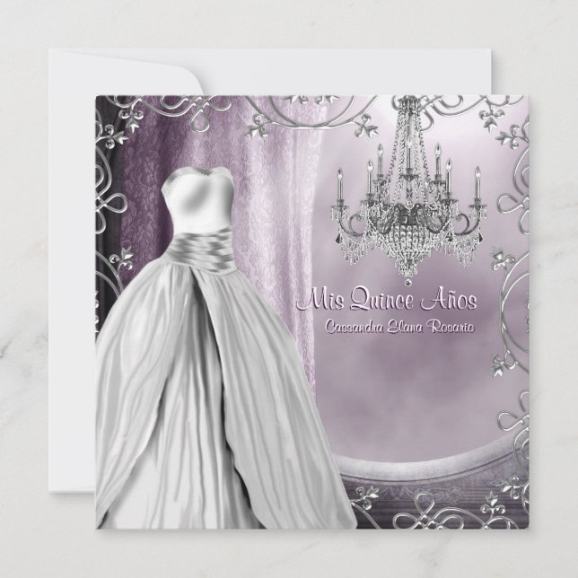 Convite Quinceanera lavanda Roxo Chandelier Roxo (Frente)
