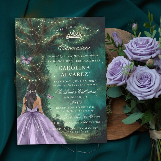 Convite Quinceanera, Lavanda Verde de Árvore Encantada (enchanted forest quinceanera invitation emerald green lavender pink formal elegant quince)