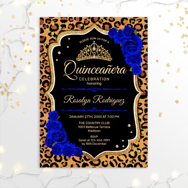 Convite Quinceanera - Leopardo Imprime Dourado Blue (Criador carregado)