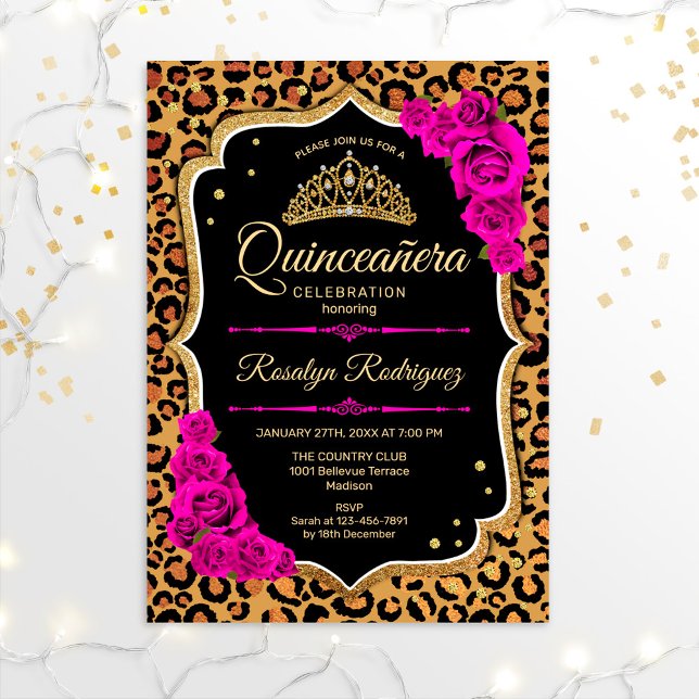 Convite Quinceanera - Leopardo Imprime Dourado Rosa Vermel (Criador carregado)