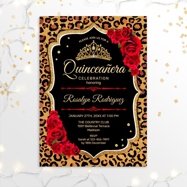 Convite Quinceanera - Leopardo Imprime Dourado Vermelho (Criador carregado)
