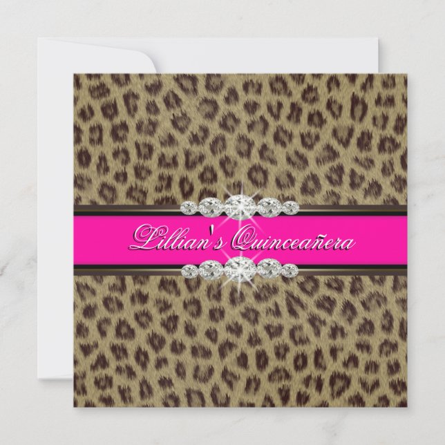 Convite Quinceanera, Leopardo Rosa Quente (Frente)