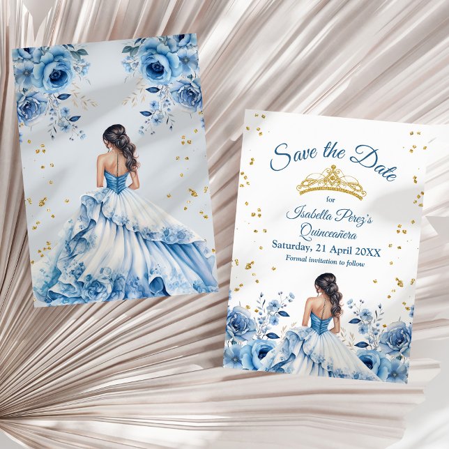 Convite Quinceanera Light Princesa Azul Salva a Data (Quinceanera Light Blue Princess Save the Date Invitation on a sunny neutral dry palm leaf.)
