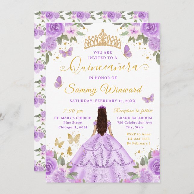 Convite Quinceañera Light Purple Princess Brunette Girl (Frente/Verso)
