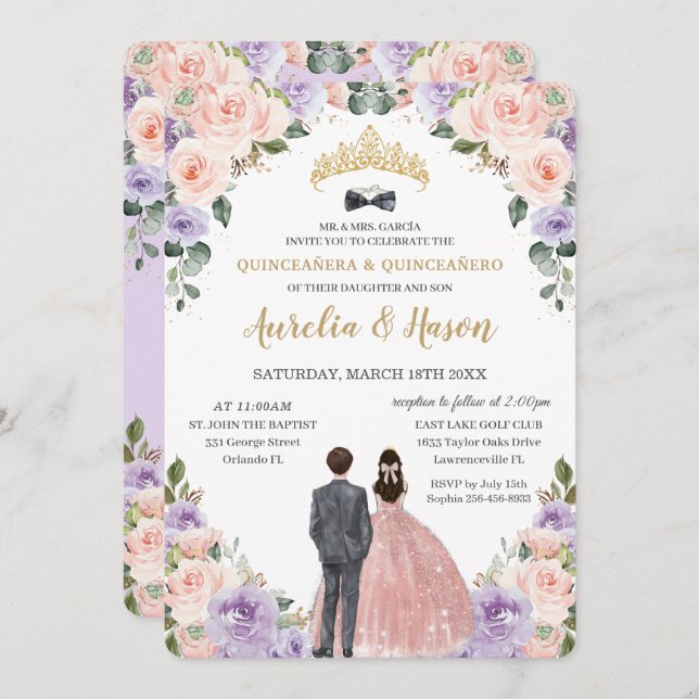 Convite Quinceañera Lilac Blush Flowers Twins Boy Girl (Frente/Verso)