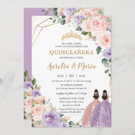 Convite Quinceañera Lilac Blush Gêmeos Rosa Dourados