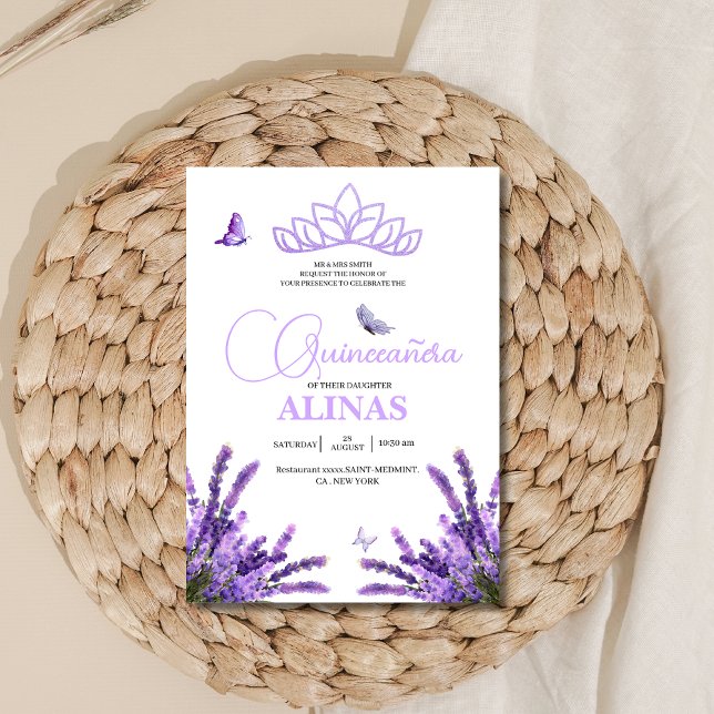 Convite Quinceañera Lilac Coroa Floral Tiara e borboleta (Criador carregado)