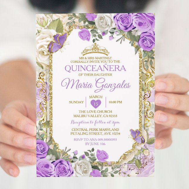 Convite Quinceañera Lilac e Dourada Coroa Mexicana (Criador carregado)
