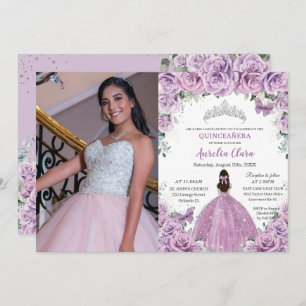 Convite Quinceañera Lilac Flores Roxas Borboletas Coroa