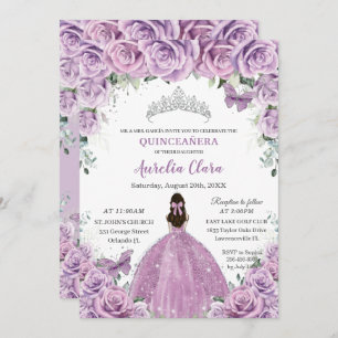 Convite Quinceañera Lilac Flores Roxas Borboletas Coroa