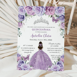 Convite Quinceañera Lilac Flores Roxas Borboletas Coroa