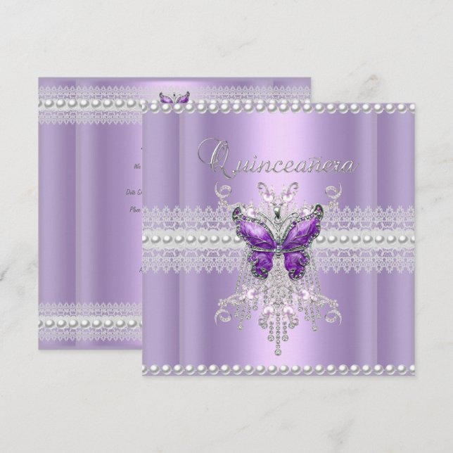 Convite Quinceanera Lilac Pearl Pearl Borboleta (Frente/Verso)