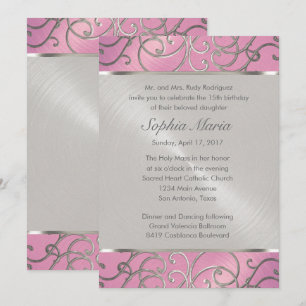 Convite Quinceanera Lilac Pink e Silver Filigree Swirings