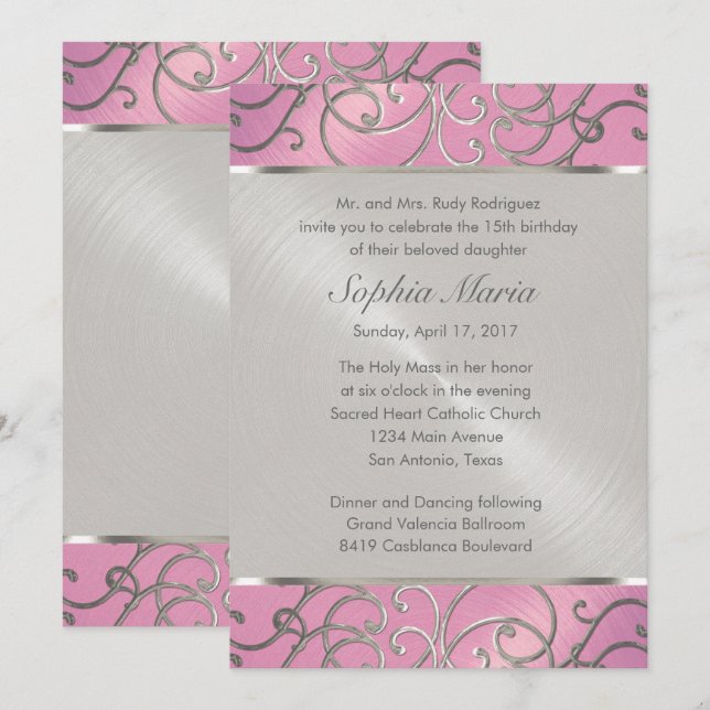 Convite Quinceanera Lilac Pink e Silver Filigree Swirings (Frente/Verso)