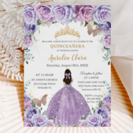 Convite Quinceañera Lilac Purple Borboletas Douradas Flora