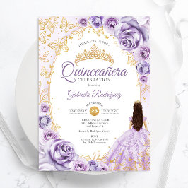 Convite Quinceanera Lilac Purple Dourada Floral