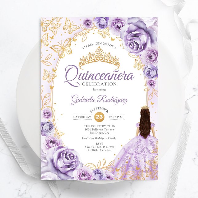 Convite Quinceanera Lilac Purple Dourada Floral (Criador carregado)