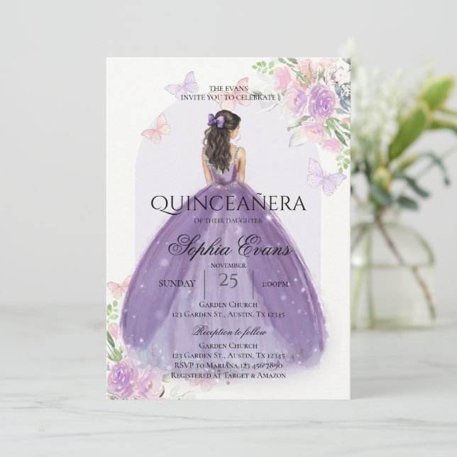 Convite Quinceanera Lilac Purple Dress Floral Princesa (Em pé/Frente)