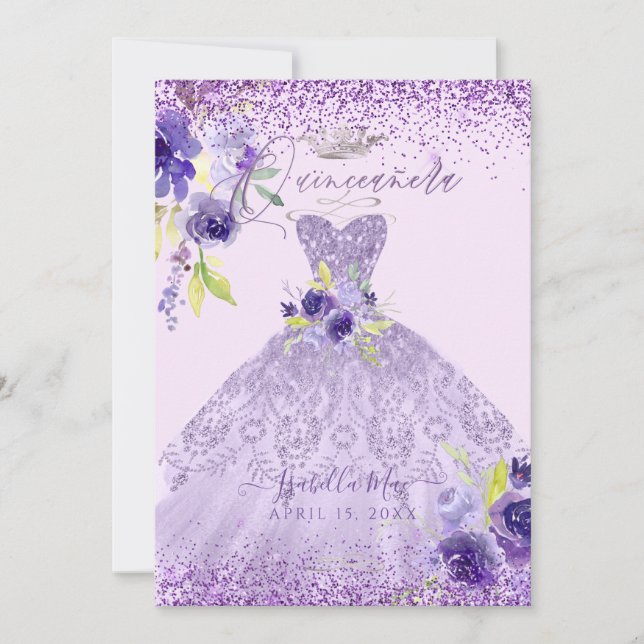 Convite Quinceanera Lilac Purple Silver Glitter Invit (Frente)