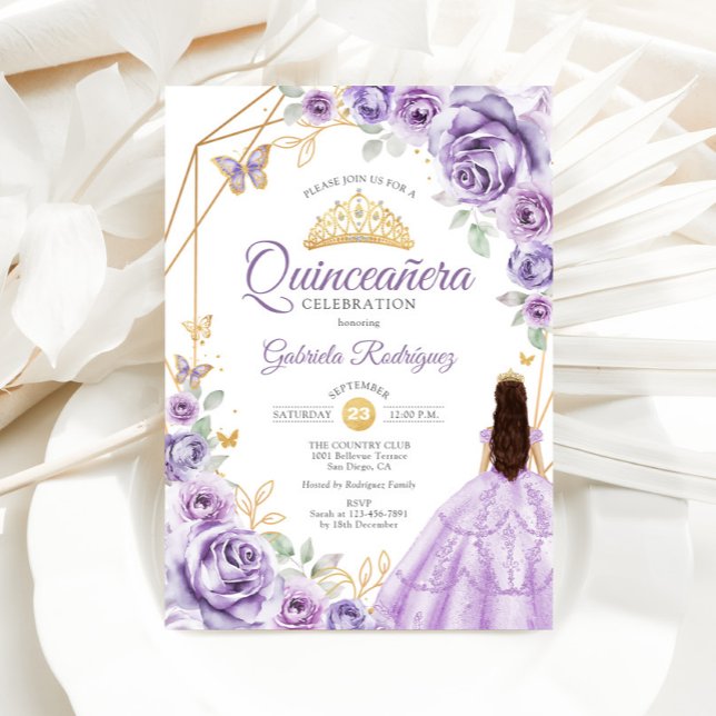 Convite Quinceanera Lilac Púrpura Vestido Floral (Criador carregado)