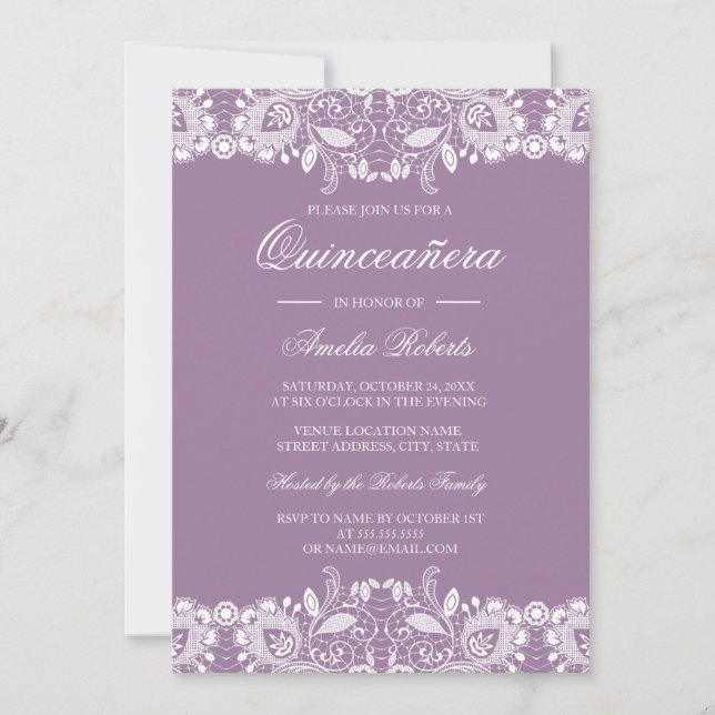 Convite Quinceanera Lilás de Renda Vintage (Frente)