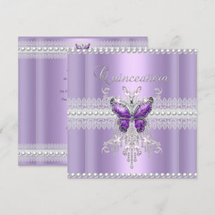 Convite Quinceanera Lilás Rosa Pérola Laço Borboleta