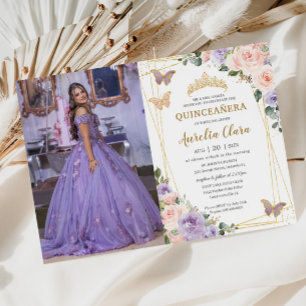 Convite Quinceañera Lilás Roxo Flores Borboletas