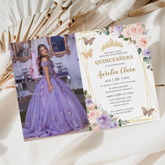 Convite Quinceañera Lilás Roxo Flores Borboletas (Criador carregado)