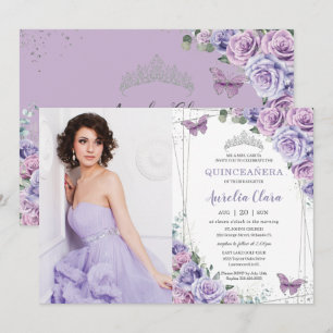 Convite Quinceañera Lilás Roxo Flores Borboletas Prata