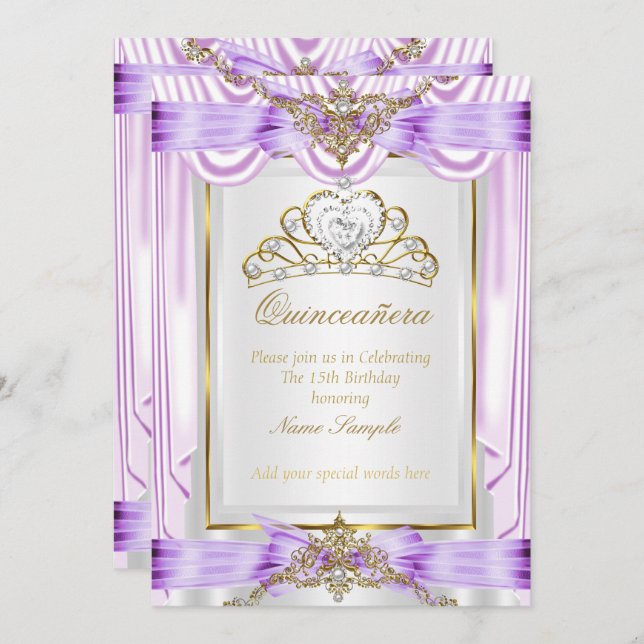 Convite Quinceanera Lilly Lavanda Puro Dourado Branco (Frente/Verso)