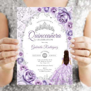 Convite Quinceanera Lilpúrpura Prateada Floral