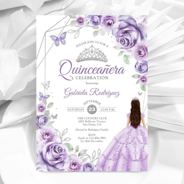 Convite Quinceanera Lilpúrpura Prateada Floral (Criador carregado)