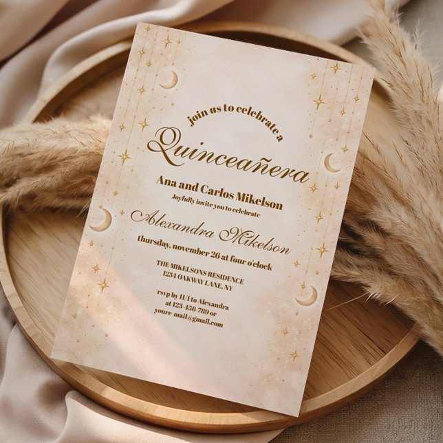 Convite Quinceañera Lua e Estrelas Atemporais (Criador carregado)