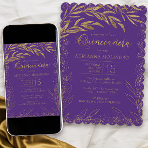 Convite Quinceanera Luxo Roxo e Dourado Folhas Aniversário