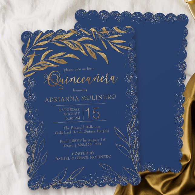 Convite Quinceanera Luxury Folha Real e Folhas Douradas (Modern Quinceanera invitation in blue from my Gold Leaf Collection)