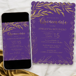 Convite Quinceanera Luxury Roxo e Dourado Folhas Aniversár