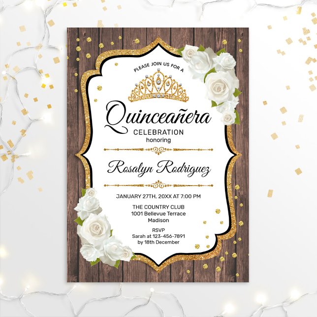 Convite Quinceanera - Madeira russa Dourada (Criador carregado)
