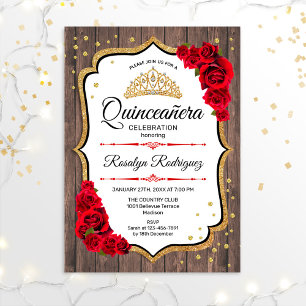 Convite Quinceanera - Madeira russa Vermelha branca Dourad