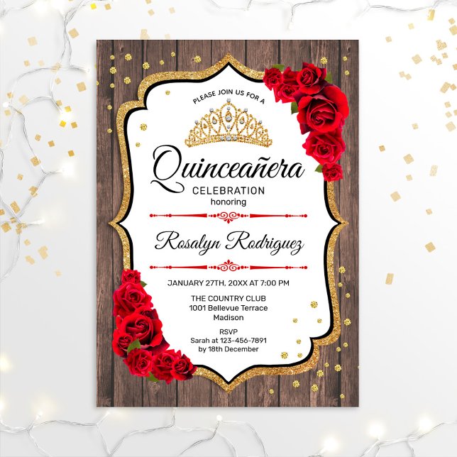 Convite Quinceanera - Madeira russa Vermelha branca Dourad (Criador carregado)