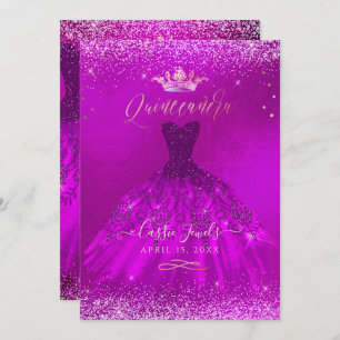 Convite Quinceanera Magenta Dourada Confetti+Princesa