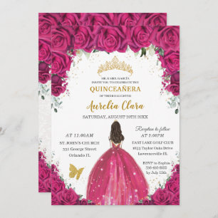 Convite Quinceañera Magenta Magenta Princesa Floral Rosa Q
