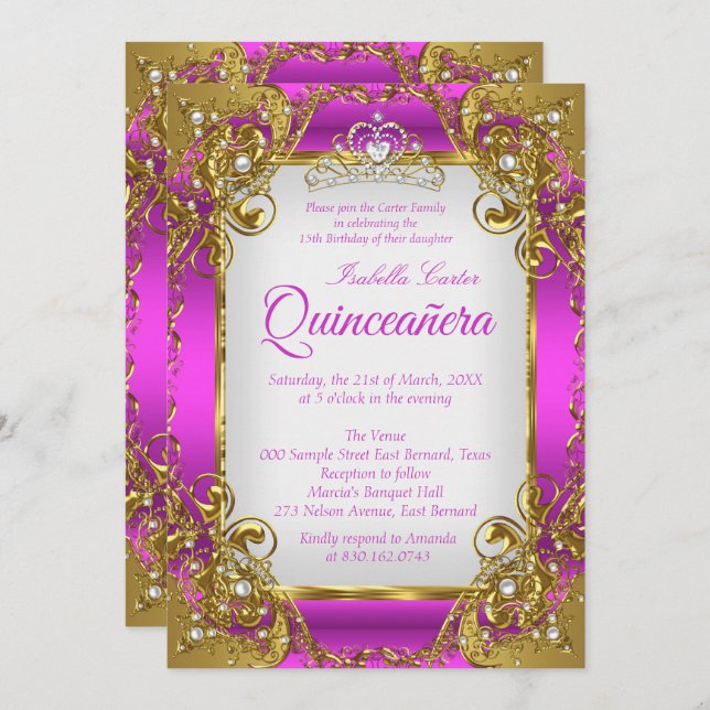 Convite Quinceanera Magenta Ouro Pearl Tiara (Frente/Verso)