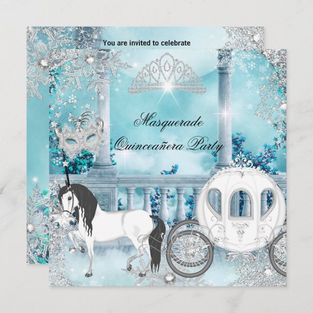 Convite Quinceanera Magia Princesa Carruagem Azul (Frente/Verso)